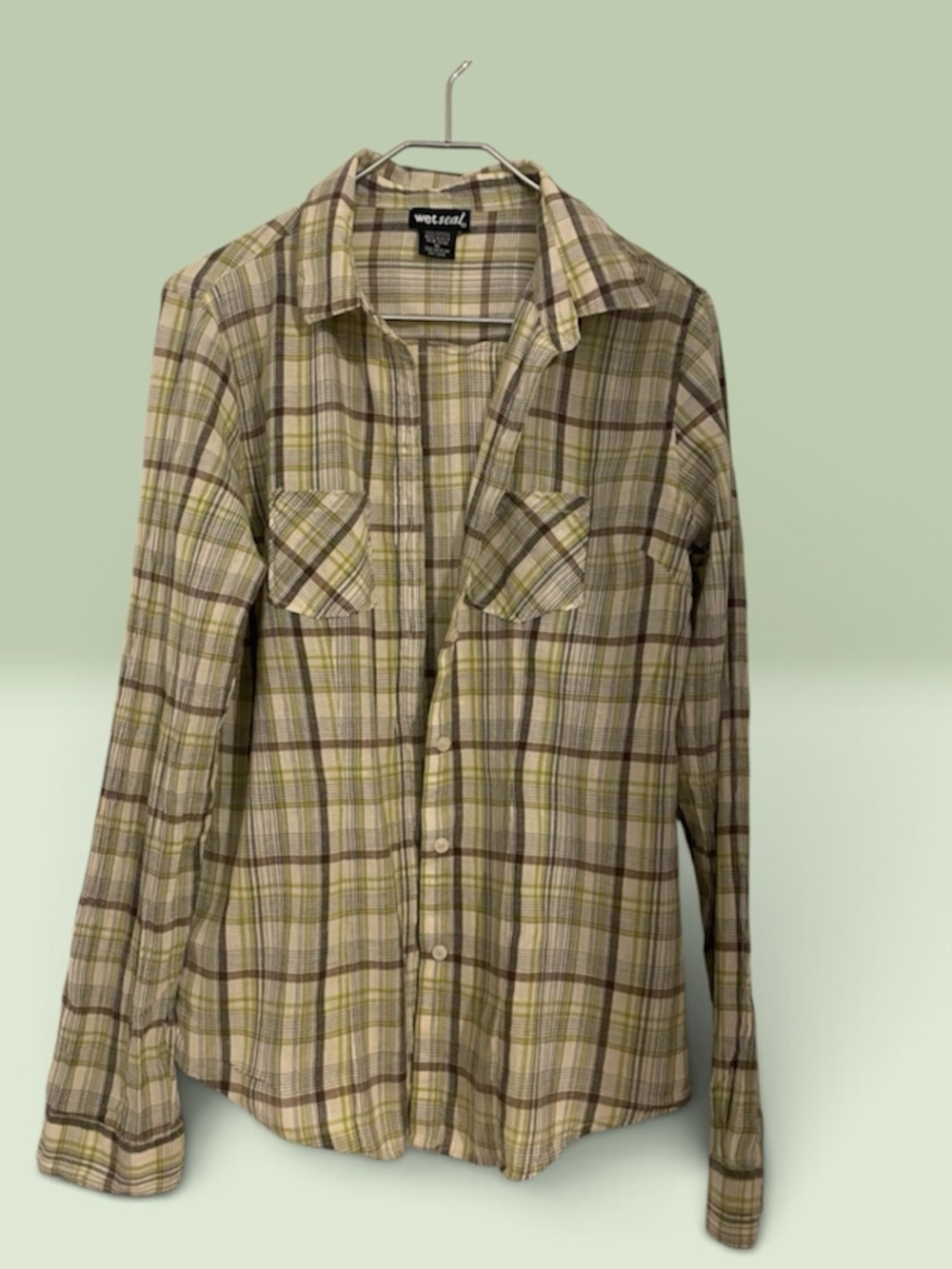 Women’s Wet Seal Beige ,Green and Brown Plaid Button-Down Shirt Ex-Large